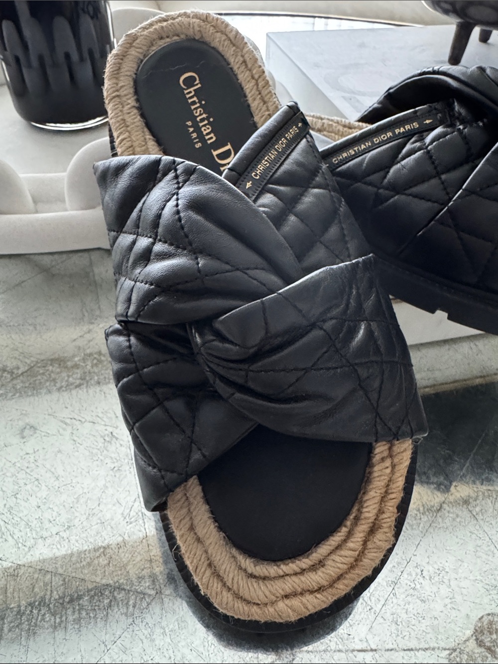 Dior Black Quilted Leather Rope-Trim Slide Mules